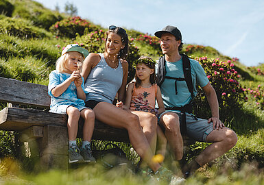 Löwenzahn pusten Familie auf Rastbank Panoramaweg Wiedersbergerhorn , (c) Alpbachtal Tourismus, Mathäus Gartner